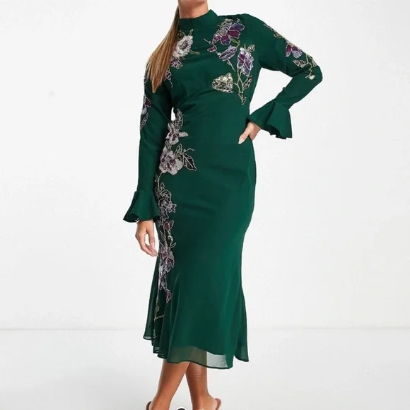 ASOS Green Midi Dress with Pink & Purple Floral Embroidery - Picture 2 of 15